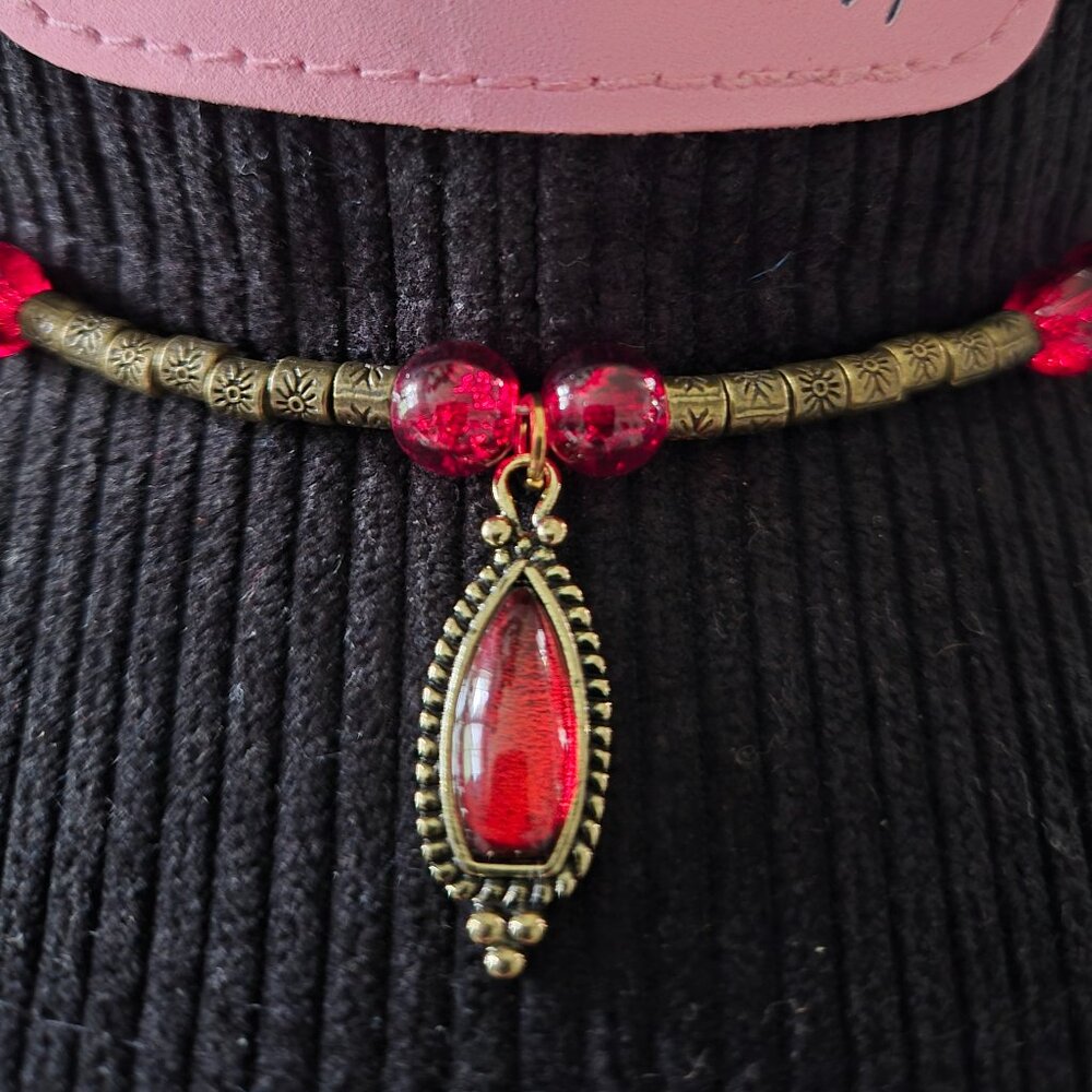 Cowgirl Style Red Glass Bead Hat Band with Antique Gold Pendant